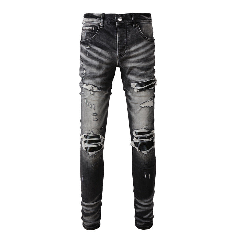 Street Fashion Fashion Brand Retro Black Gray Ripped Slim Fit Leather Men's Jeans