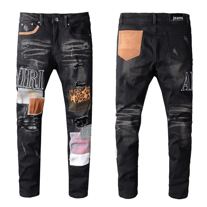 Men's High Street Brand Patch Embroidered Stretch Slim Jeans