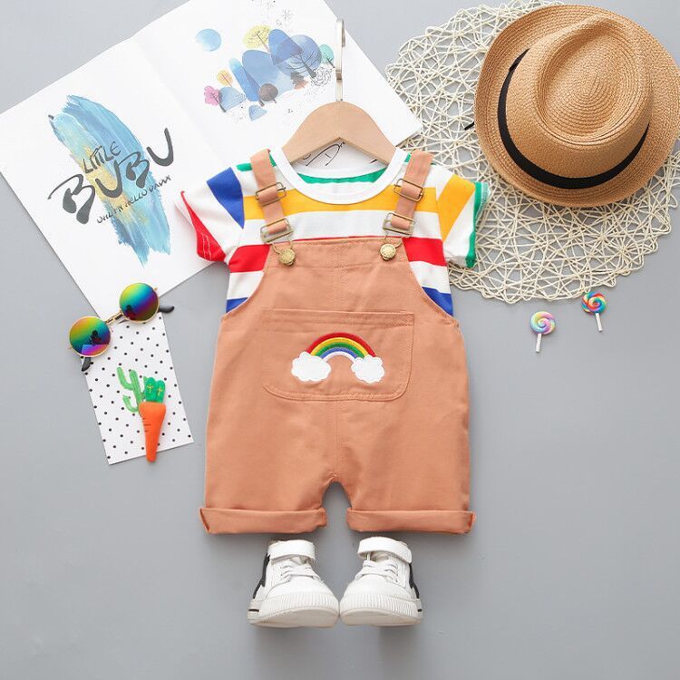 Two Large Striped Round Neck Short-Sleeved Rainbow Suspenders Shorts