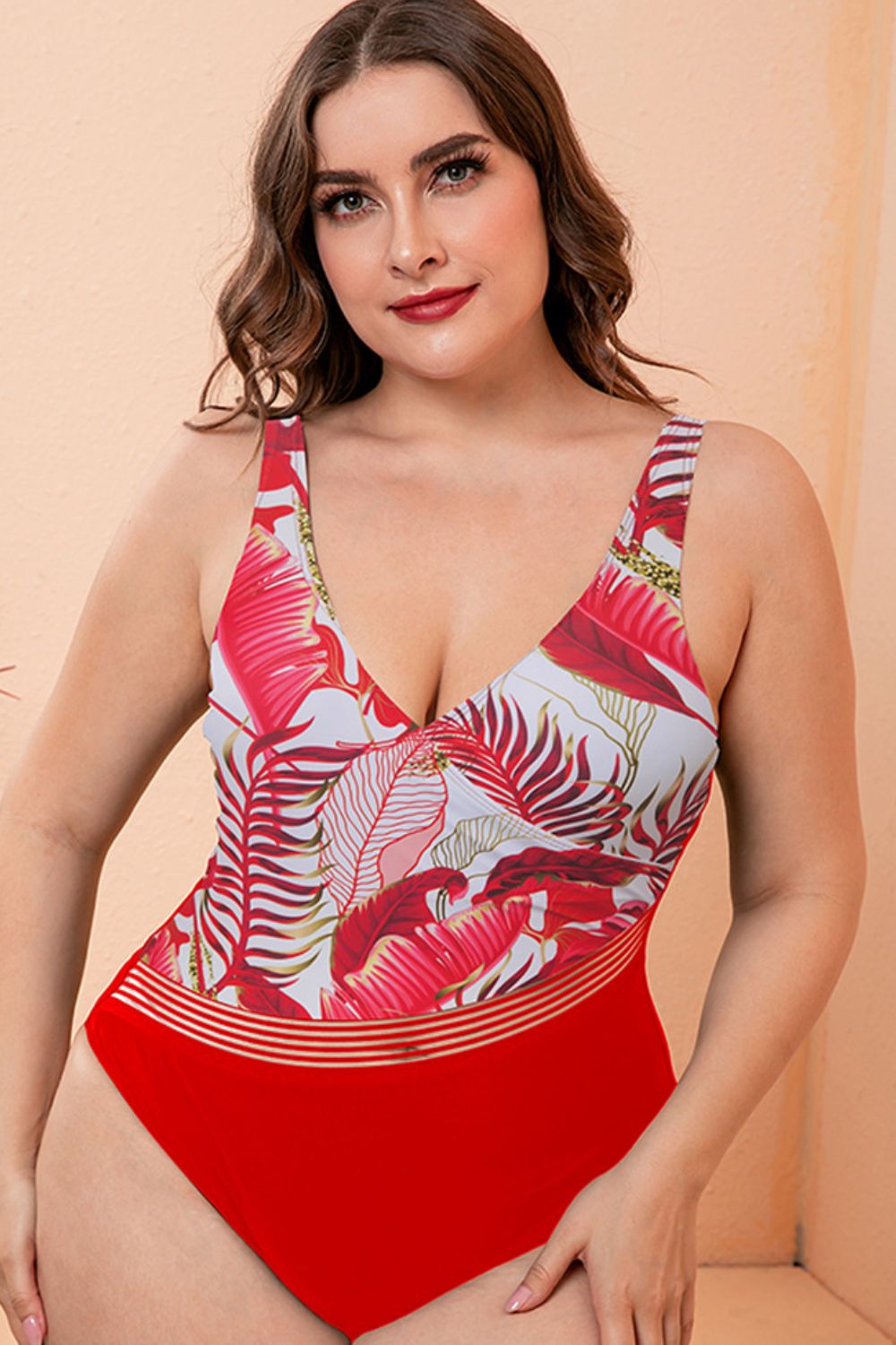 Full Size Two-Tone Plunge One-Piece Swimsuit 