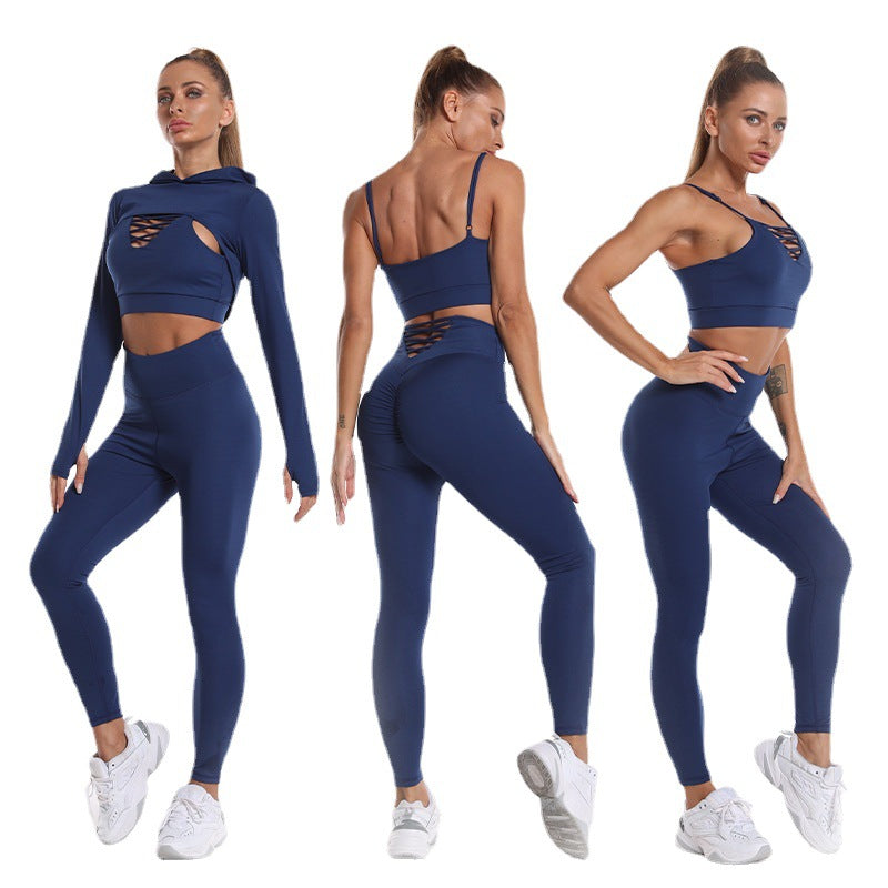 3pcs Sports Suits Long Sleeve Hooded Top Hollow Design Camisole And Butt Lifting High Waist Seamless Fitness Leggings Sports Gym Outfits Clothing 