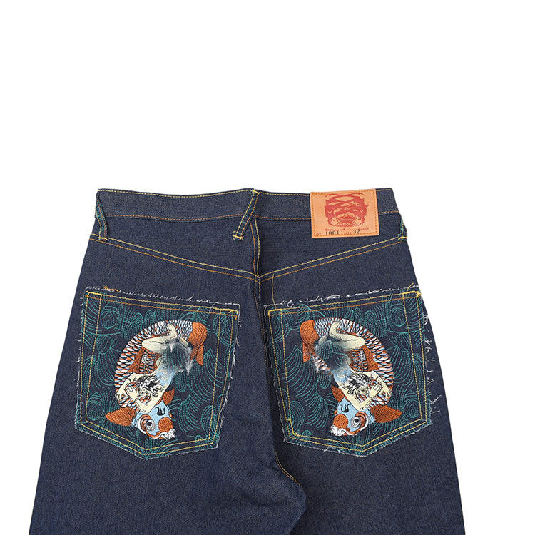 Japanese Ukiyoe Embroidery Vintage Loose Jeans