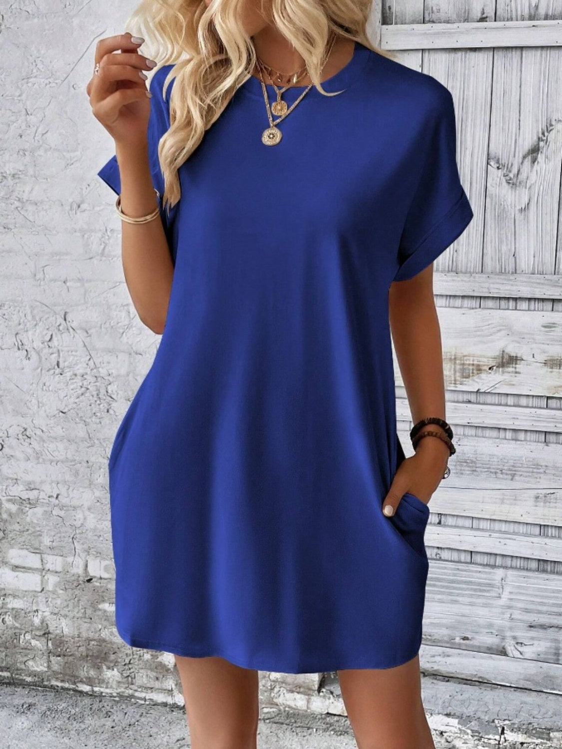 Pocketed Round Neck Short Sleeve Dress - Babbazon