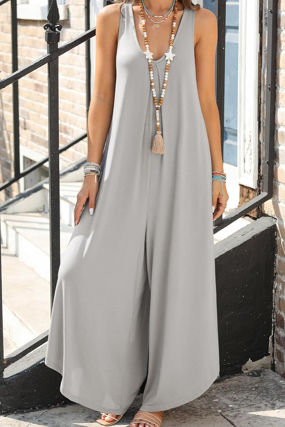 Pocketed Scoop Neck Wide Leg Jumpsuit - Babbazon new