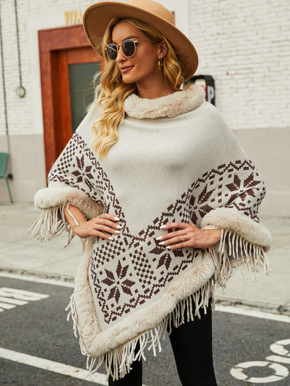 Fringe Geometric Cape Sleeve Poncho 