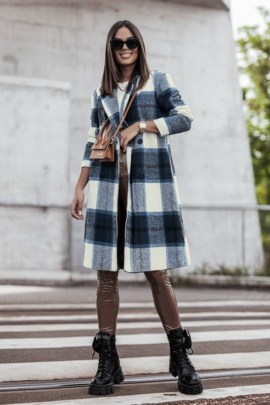 Double Take Full Size Plaid Button Up Lapel Collar Coat - Babbazon womens coat