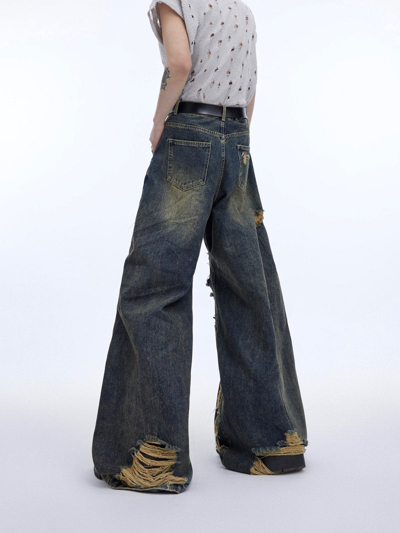 Retro Distressed Heavy Niche Deconstruction Tasseled Jeans