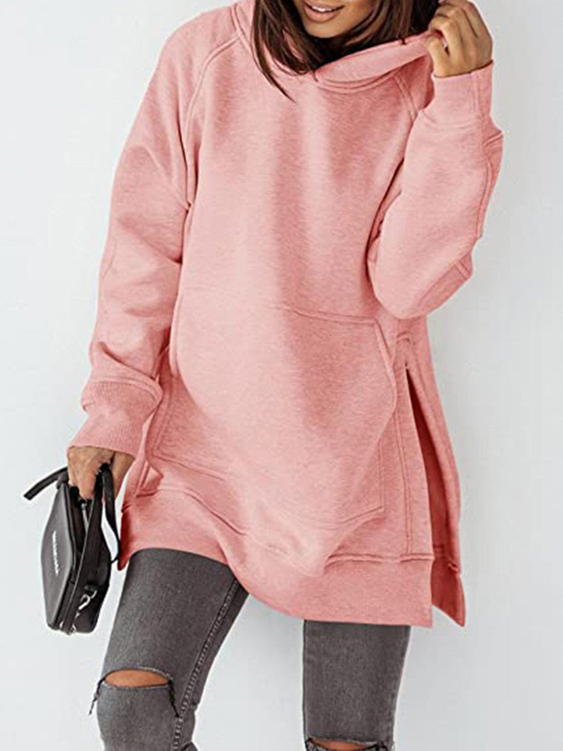 Slit Pocketed Raglan Sleeve Hoodie 