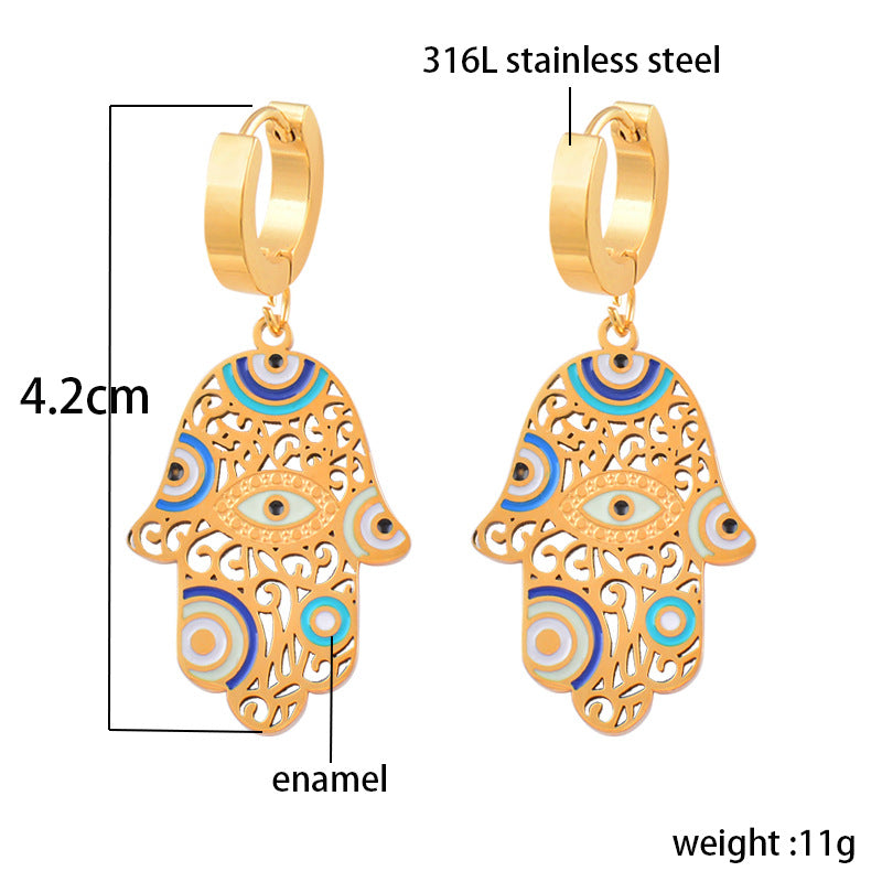 Buddha Hand Oil Dripping Craft Blue Eyes Hollow Stainless Steel Earrings