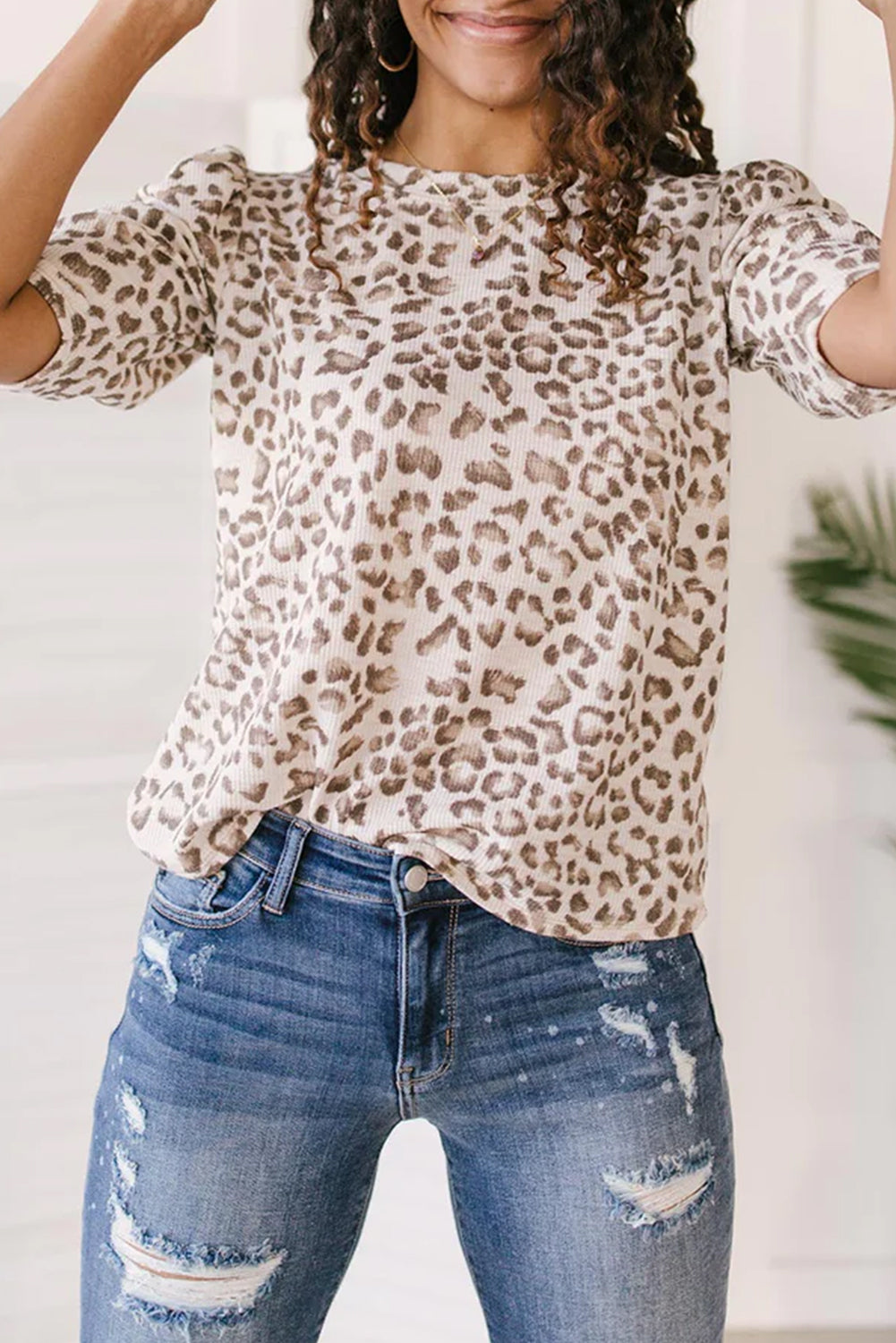 Multicolour Leopard Print Ruched Sleeve Ribbed T-Shirt - Babbazon T Shirts