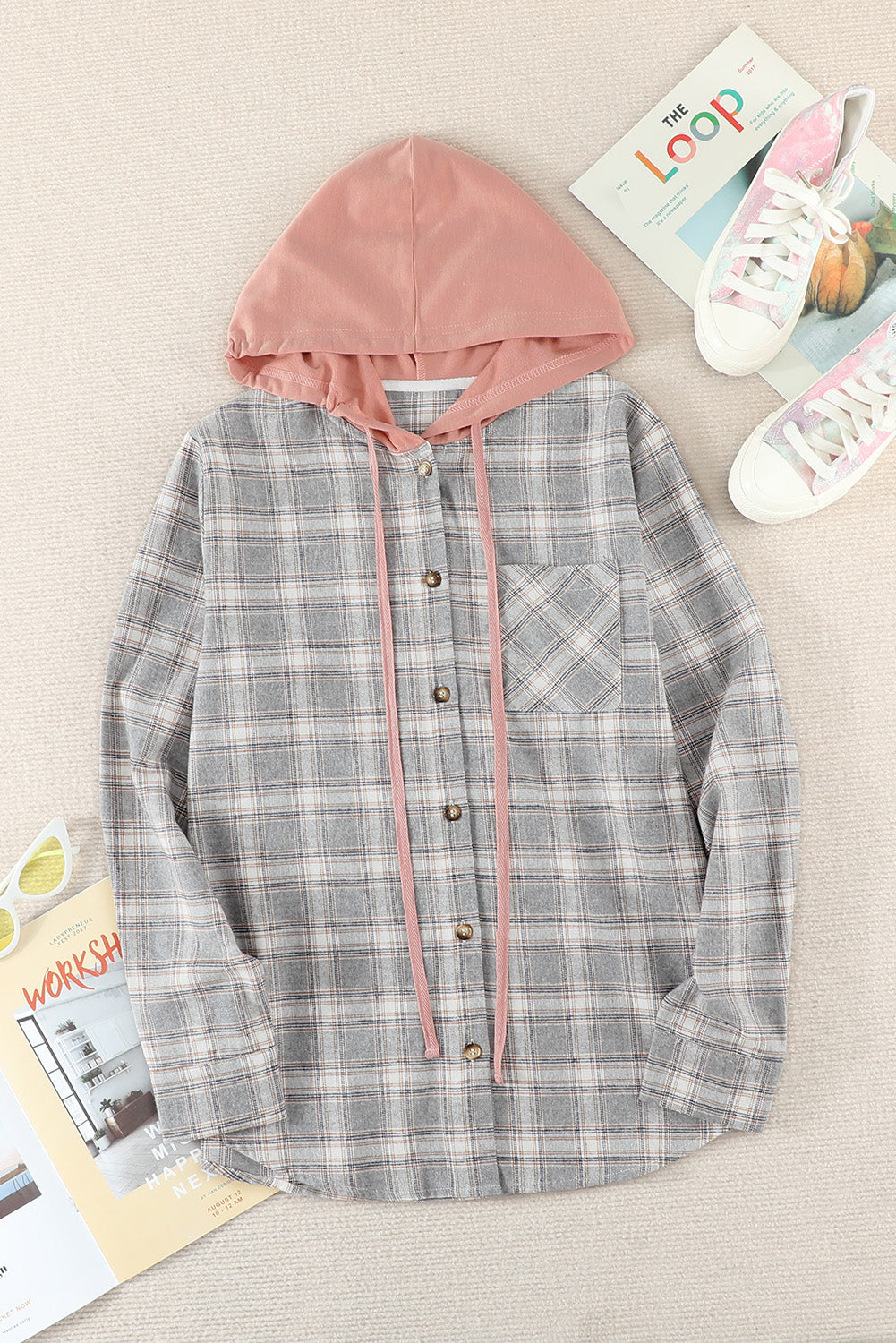 Plaid Drawstring Hooded Shirt Jacket - Babbazon Jacket