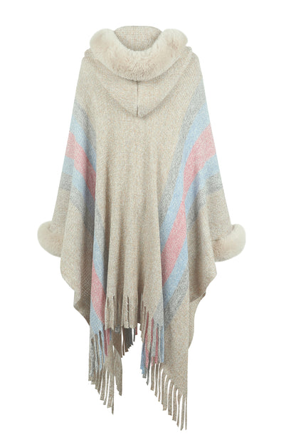 Color Block Fringe Detail Poncho 