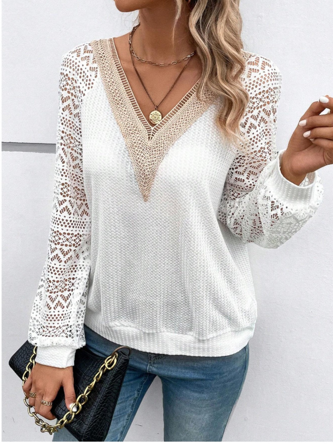 Lace V-Neck Raglan Sleeve Top 