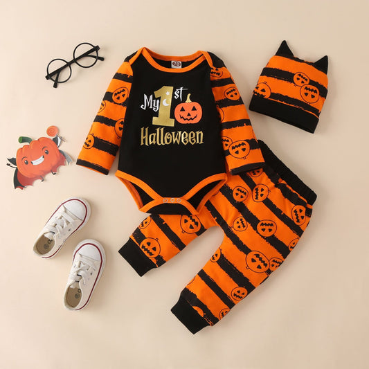 Halloween Pumpkin Print Long Sleeve Romper Set Of Three