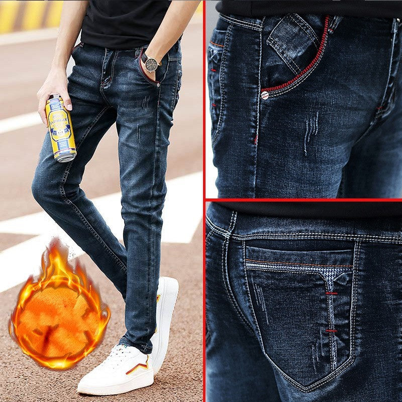 Autumn And Winter Men's Jeans Casual Fleece-lined Thickened Elastic Youth Slim Fit  Feet Pants