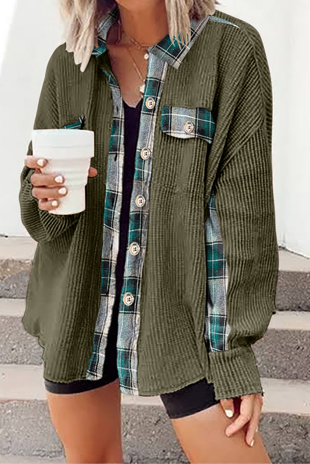 Plaid Button Down Collared Jacket - Babbazon Jacket