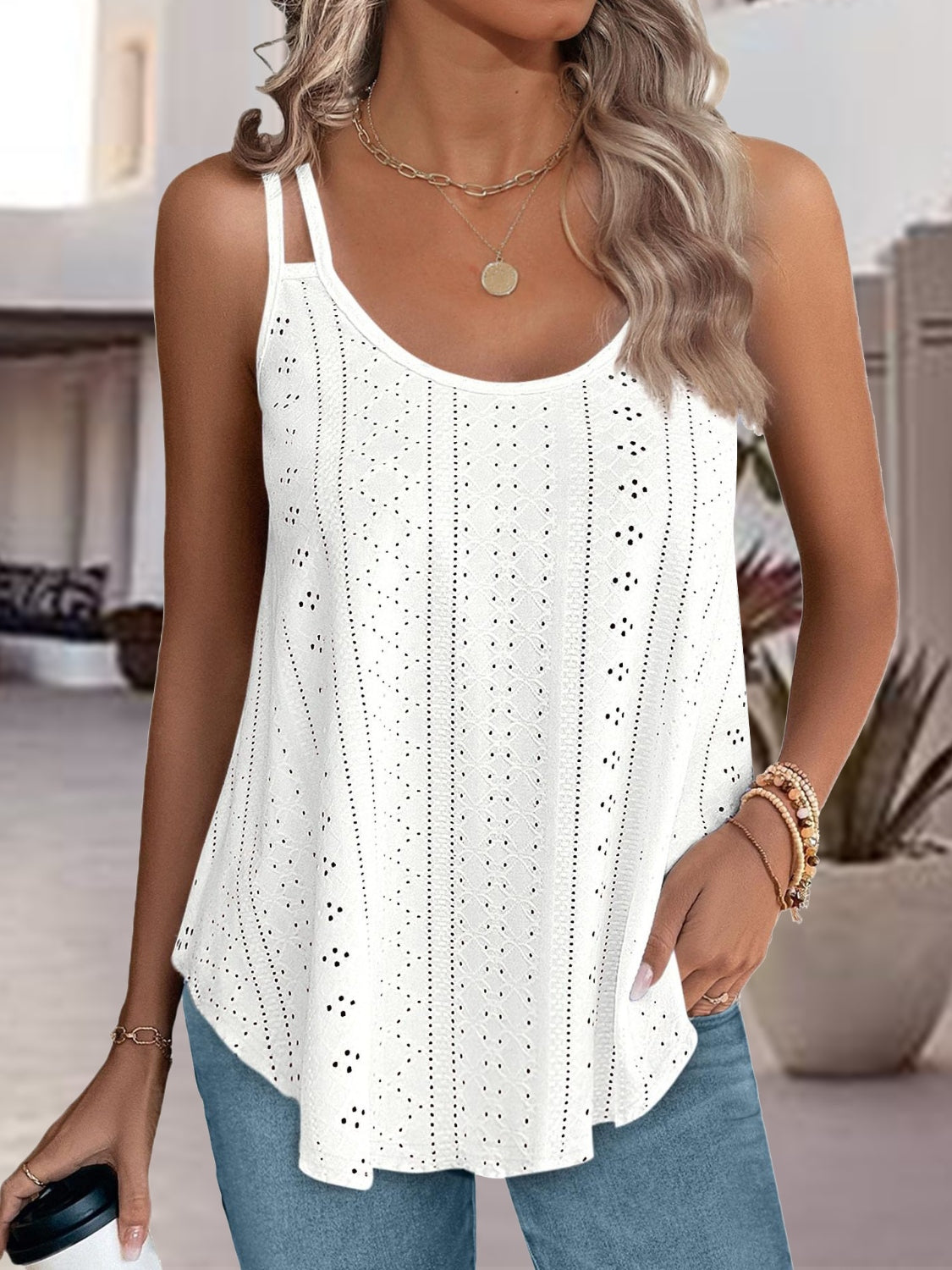 Eyelet Scoop Neck Spaghetti Strap Cami - Babbazon Camisole