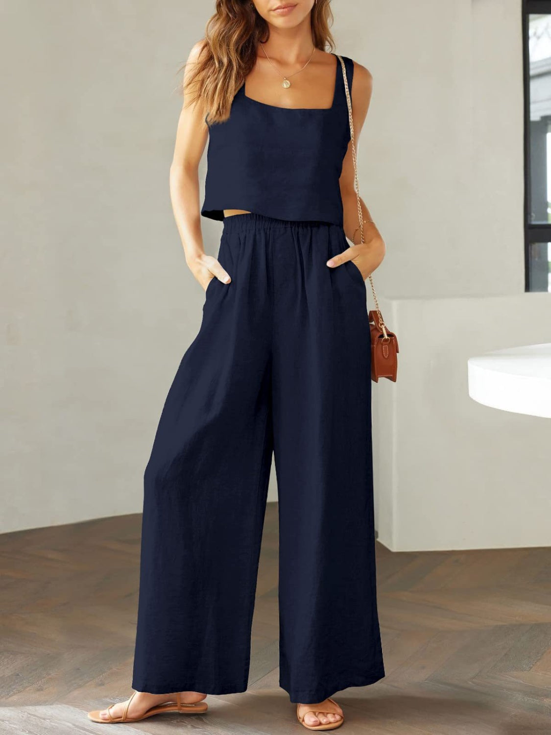 Square Neck Top and Wide Leg Pants Set - Babbazon jumpsuit