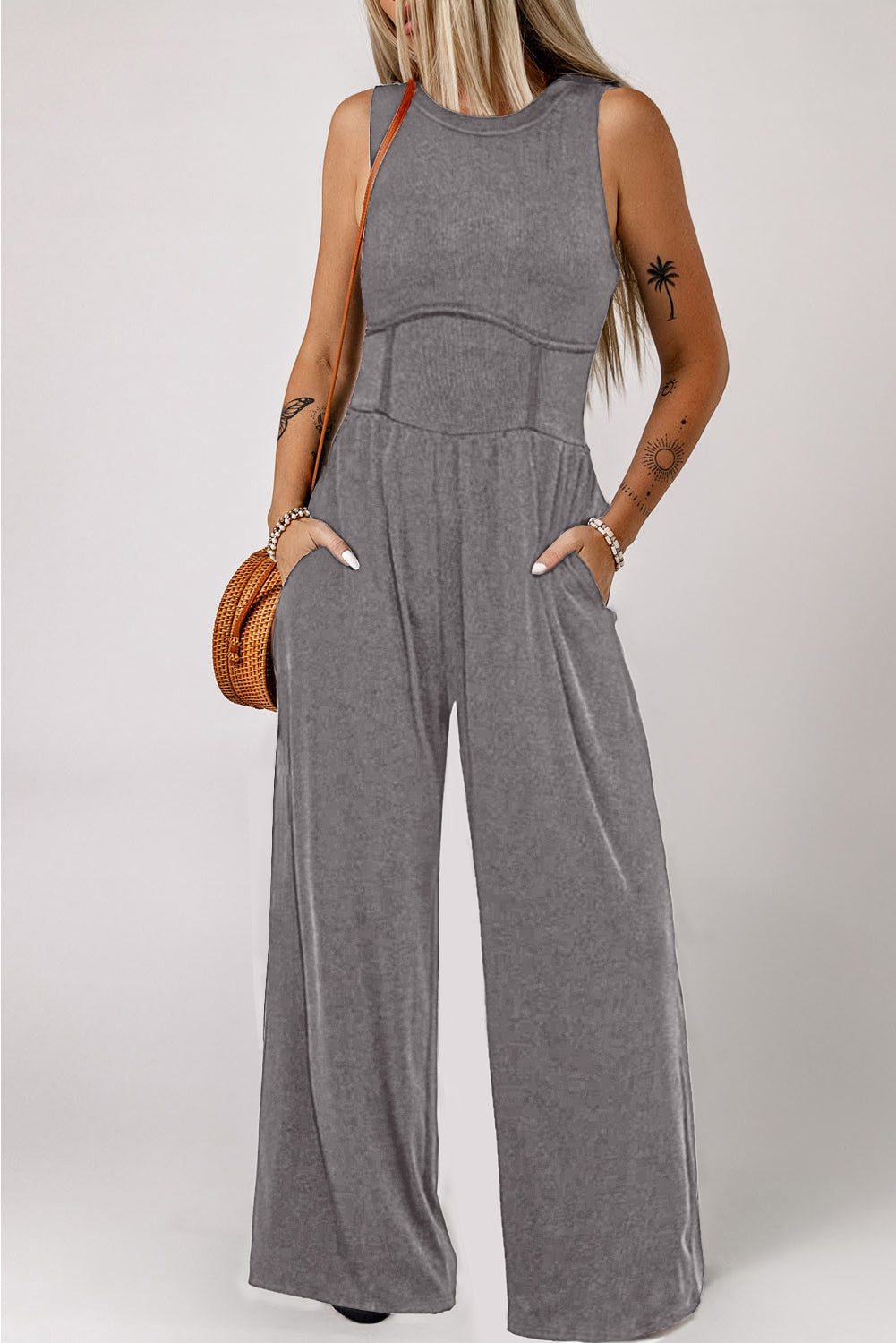 Round Neck Sleeveless Jumpsuit with Pockets - Babbazon new