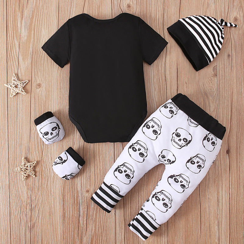 Boy's Halloween Short-sleeved Skull Jumpsuit Romper Printed Trousers Striped Hat 4-piece Suit