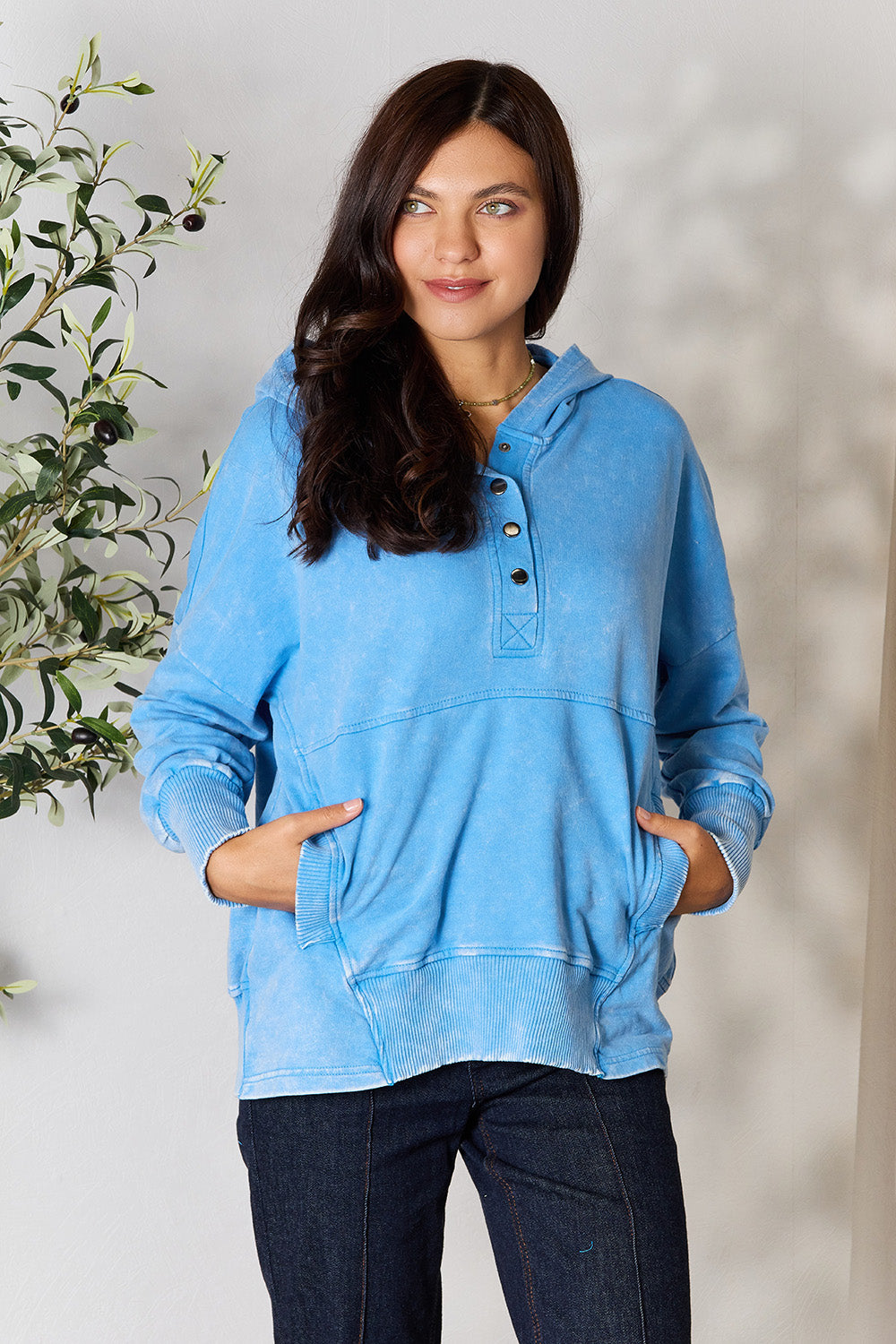 Zenana Half Snap Long Sleeve Hoodie with Pockets 