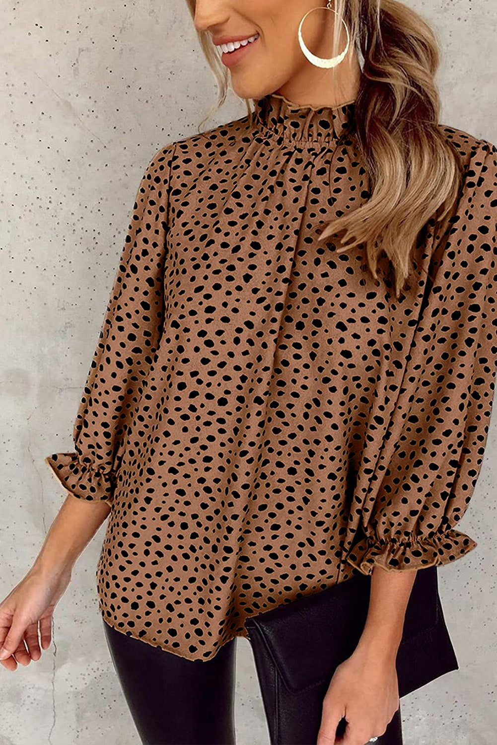 Khaki Leopard 3/4 Ruffle Sleeve Frill Neck Blouse - Babbazon Blouses