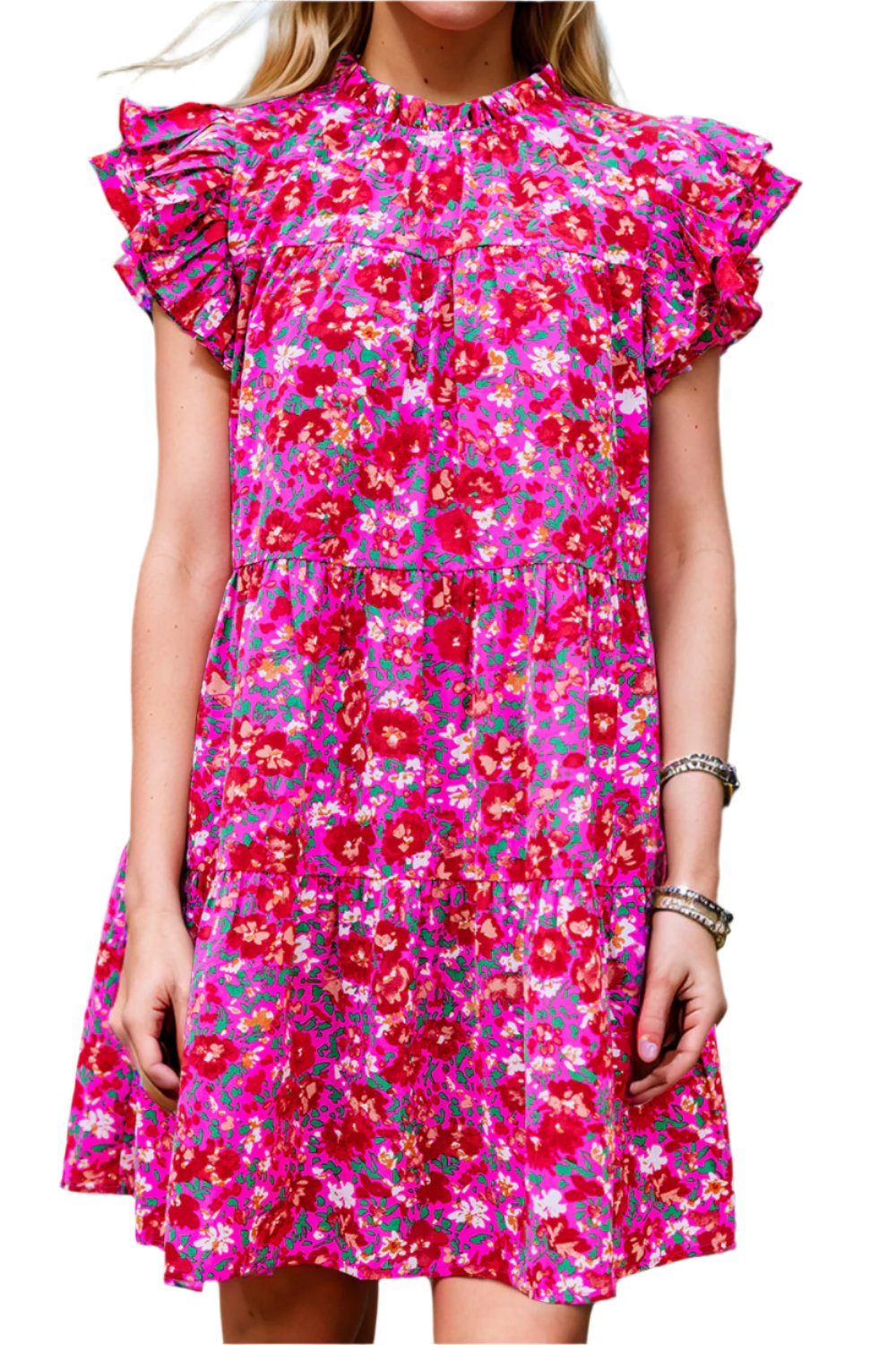 Ruffled Printed Cap Sleeve Mini Dress 