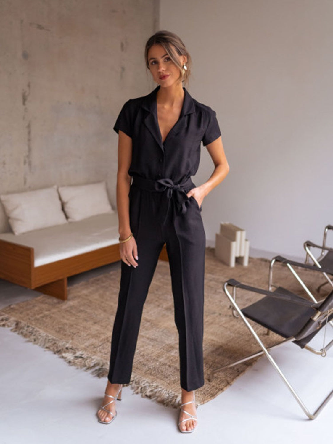 Tied Collared Neck Short Sleeve Jumpsuit - Babbazon new