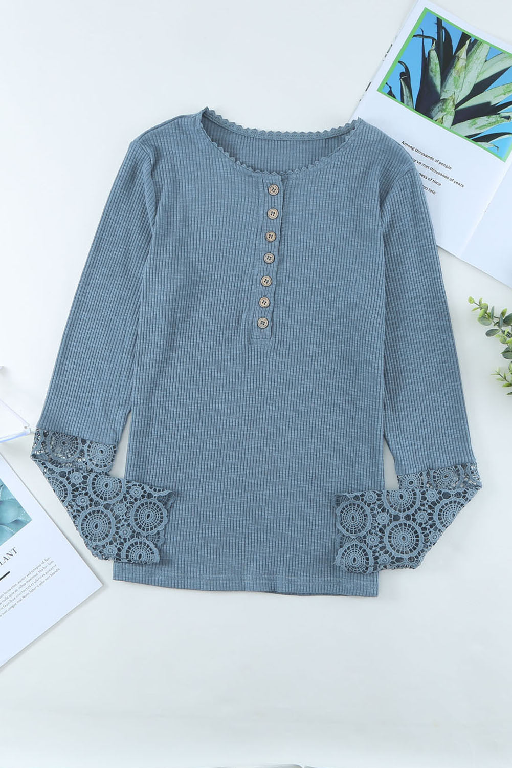 Crochet Lace Hem Sleeve Button Top - Babbazon Tops