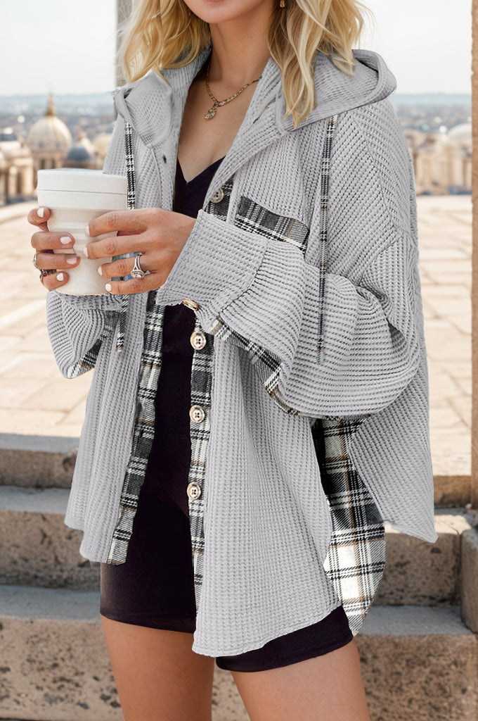 Plaid Waffle-Knit Drawstring Hooded Jacket - Babbazon Jacket