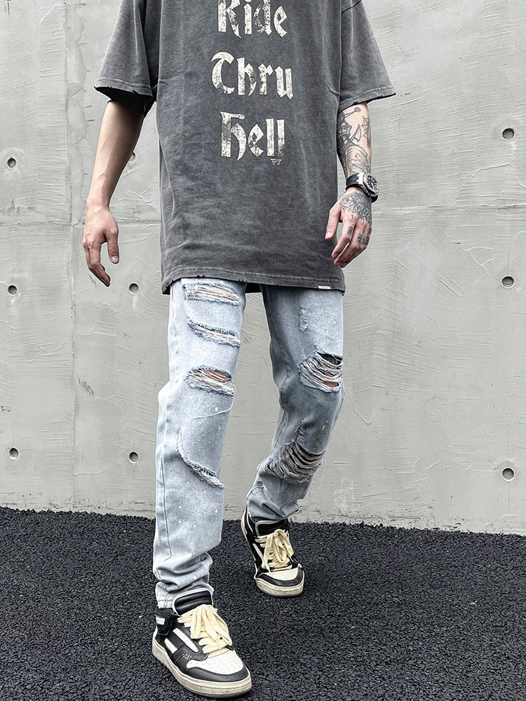 Distressed Slim-fit Jeans With Ripped Holes And Knife Cut With Splash Ink