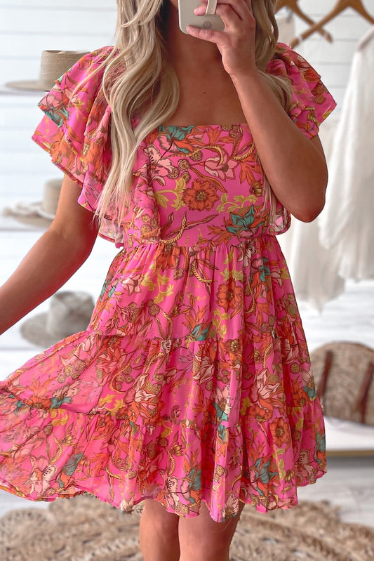 Pink Floral Print Square Neck Ruffle Sleeve Tiered Dress - Babbazon Short Dresses