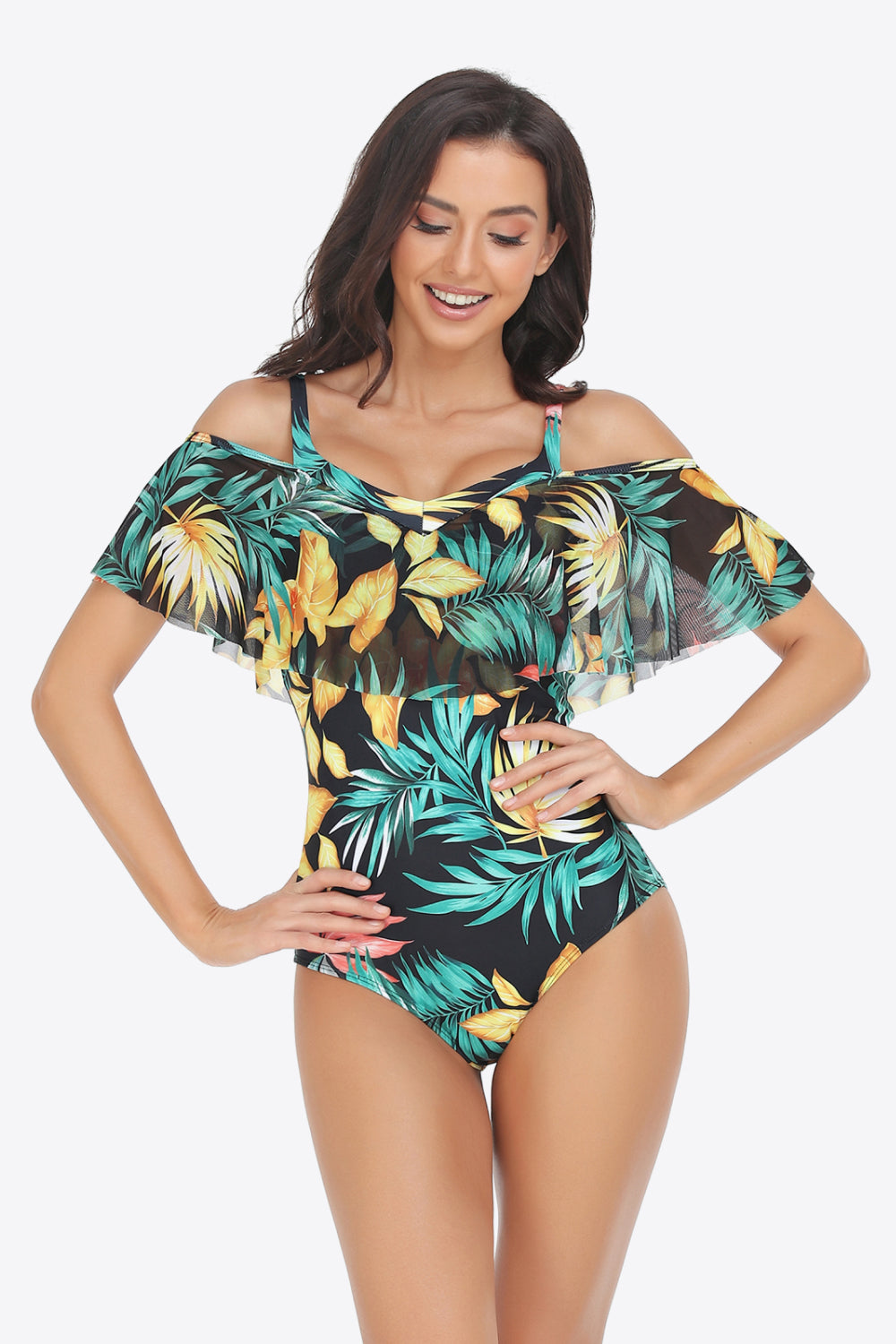 Botanical Print Cold-Shoulder Layered One-Piece Swimsuit 