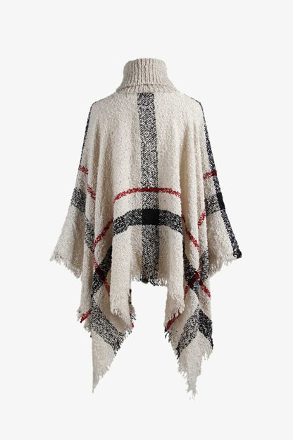 Plaid Turtleneck Raw Hem Poncho 