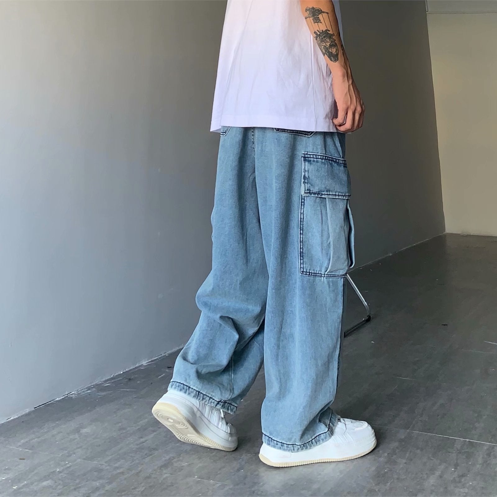 Men's Washed Loose Straight Workwear Wide Leg Pants