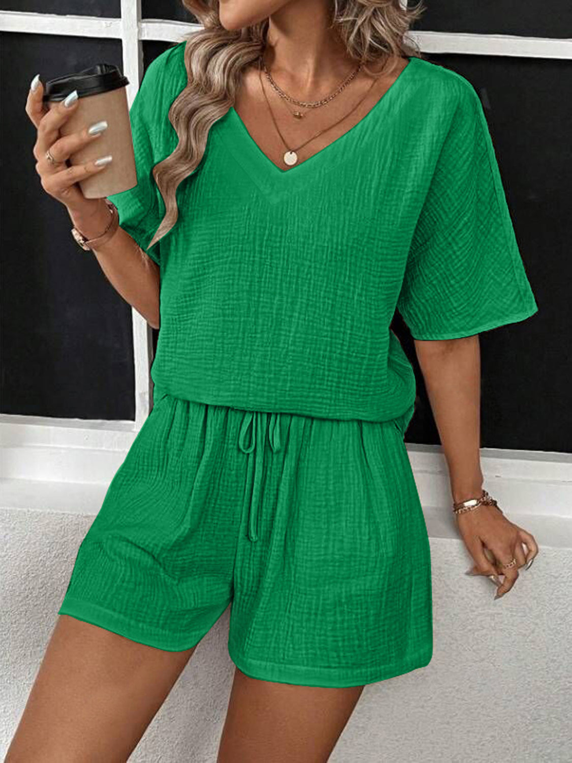 V-Neck Half Sleeve Top and Shorts Set - Babbazon new