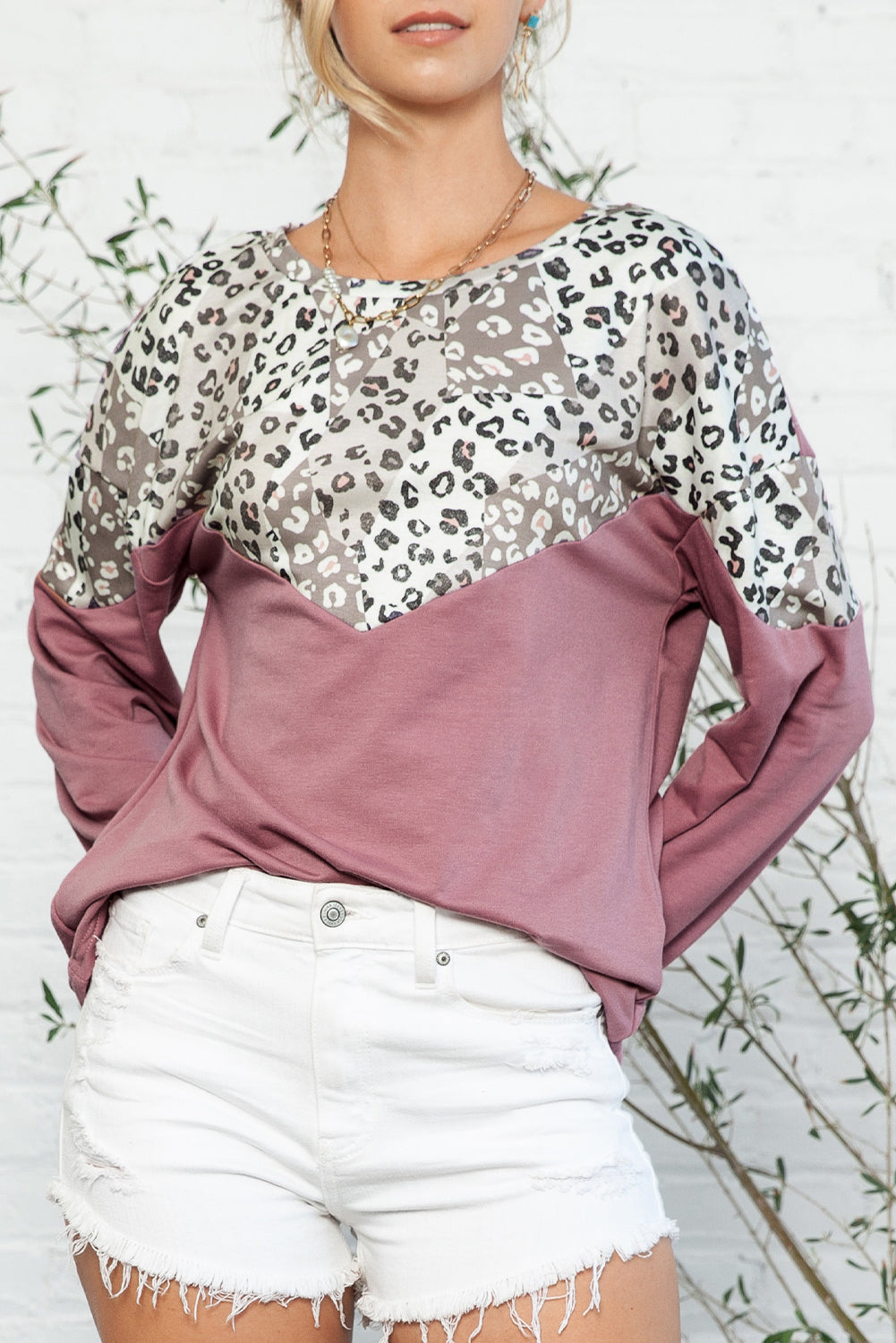 Leopard Print Patchwork Long Sleeve Top - Babbazon Long Sleeve Tops