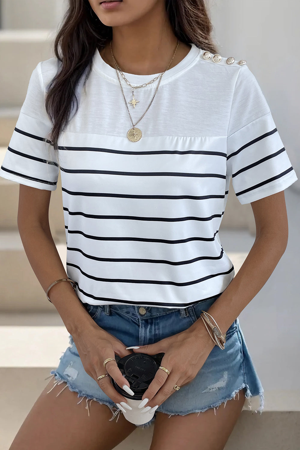 Decorative Button Striped Short Sleeve T-Shirt - Babbazon