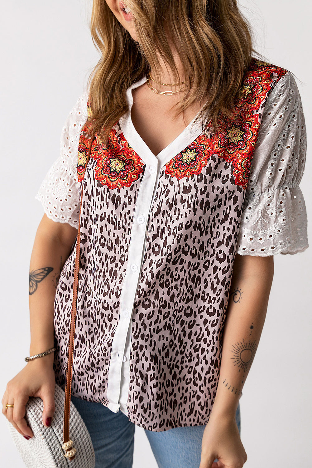 Leopard Mandala Print Patchwork Cut Out Flounce Sleeve Blouse - Babbazon Blouses