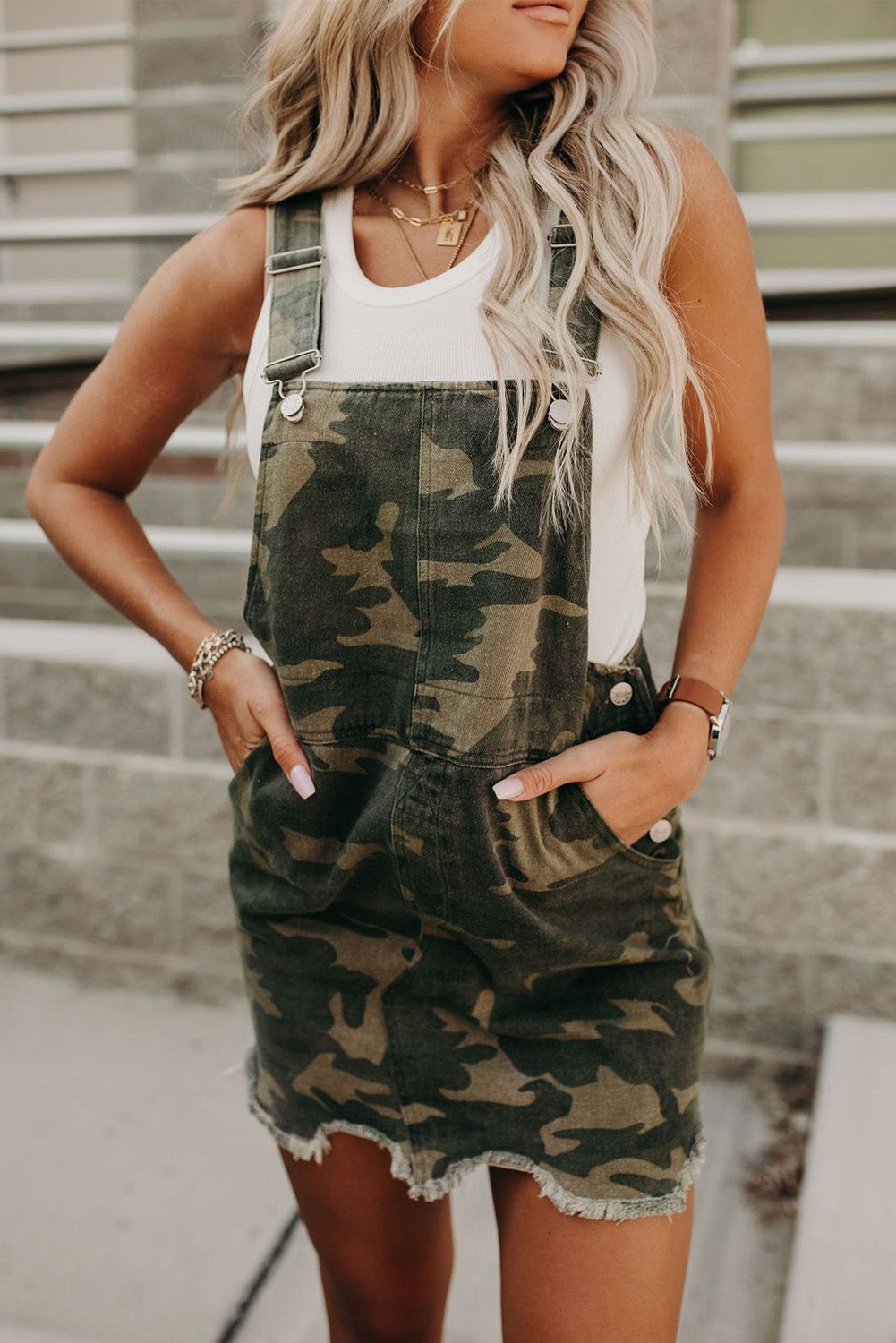 Green Camo Raw Hem Short Overall Dress - Babbazon Short Dresses