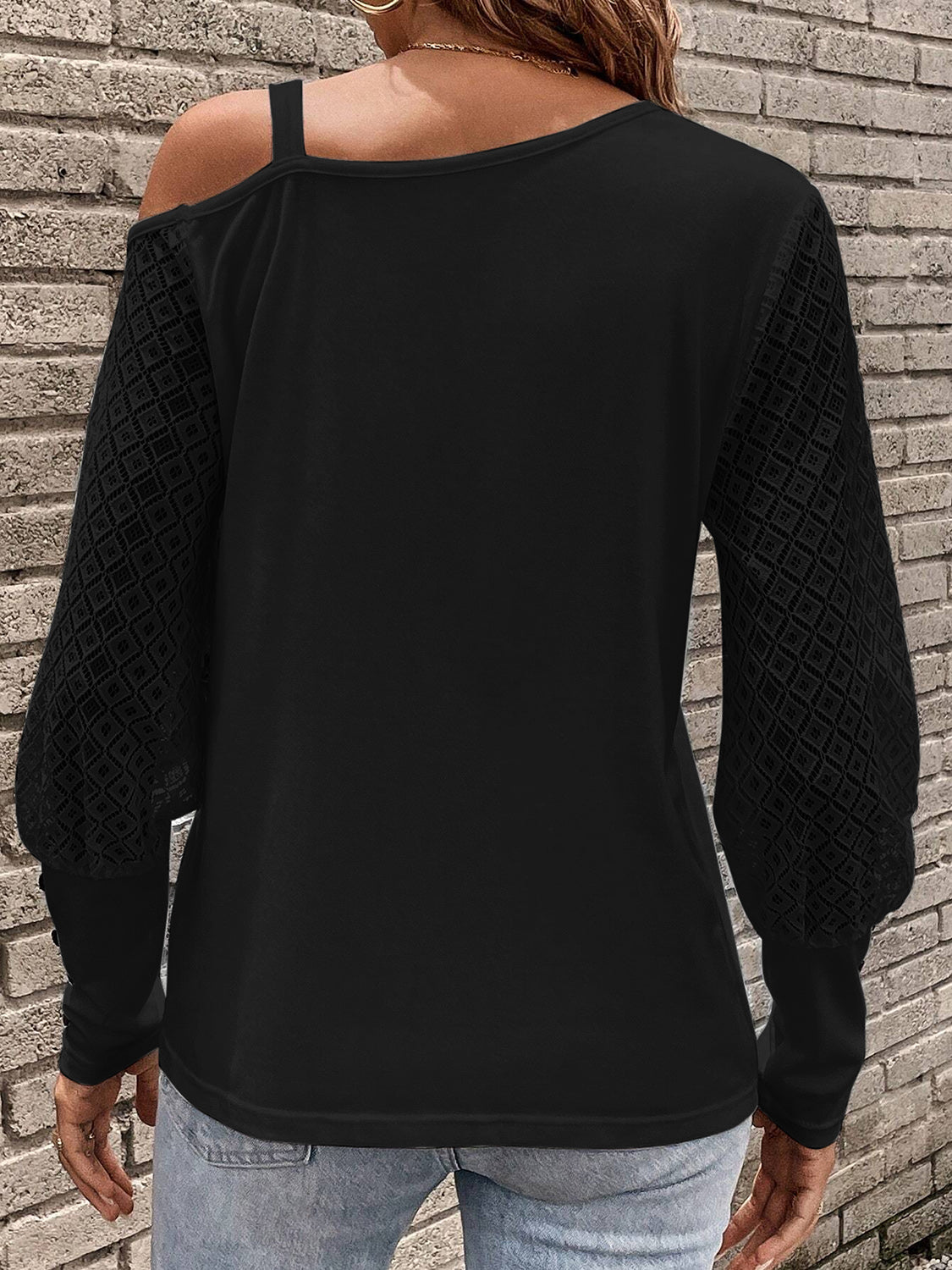 Asymmetrical Neck Lace Long Sleeve T-Shirt 