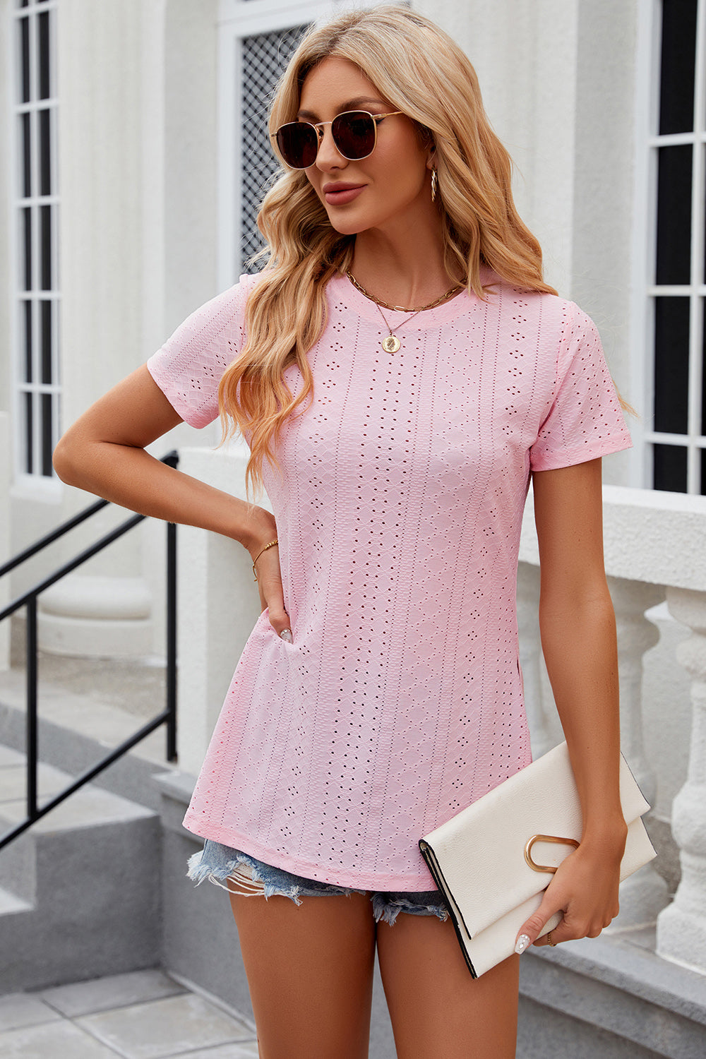 Eyelet Slit Round Neck Short Sleeve T-Shirt - Babbazon Camisole