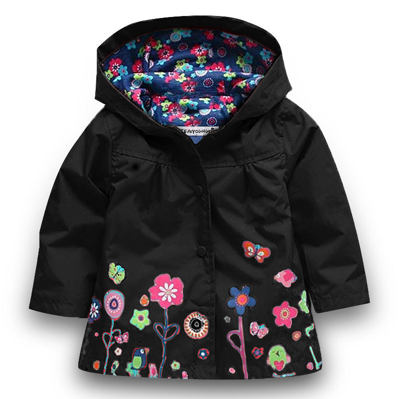 Girls Cute Flowers Windproof Rain Jacket with Hood