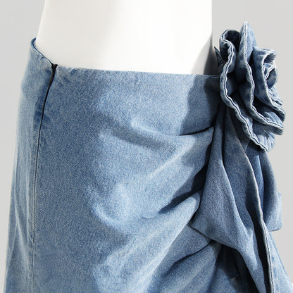 Flower Trim Ruched Denim Skirt 