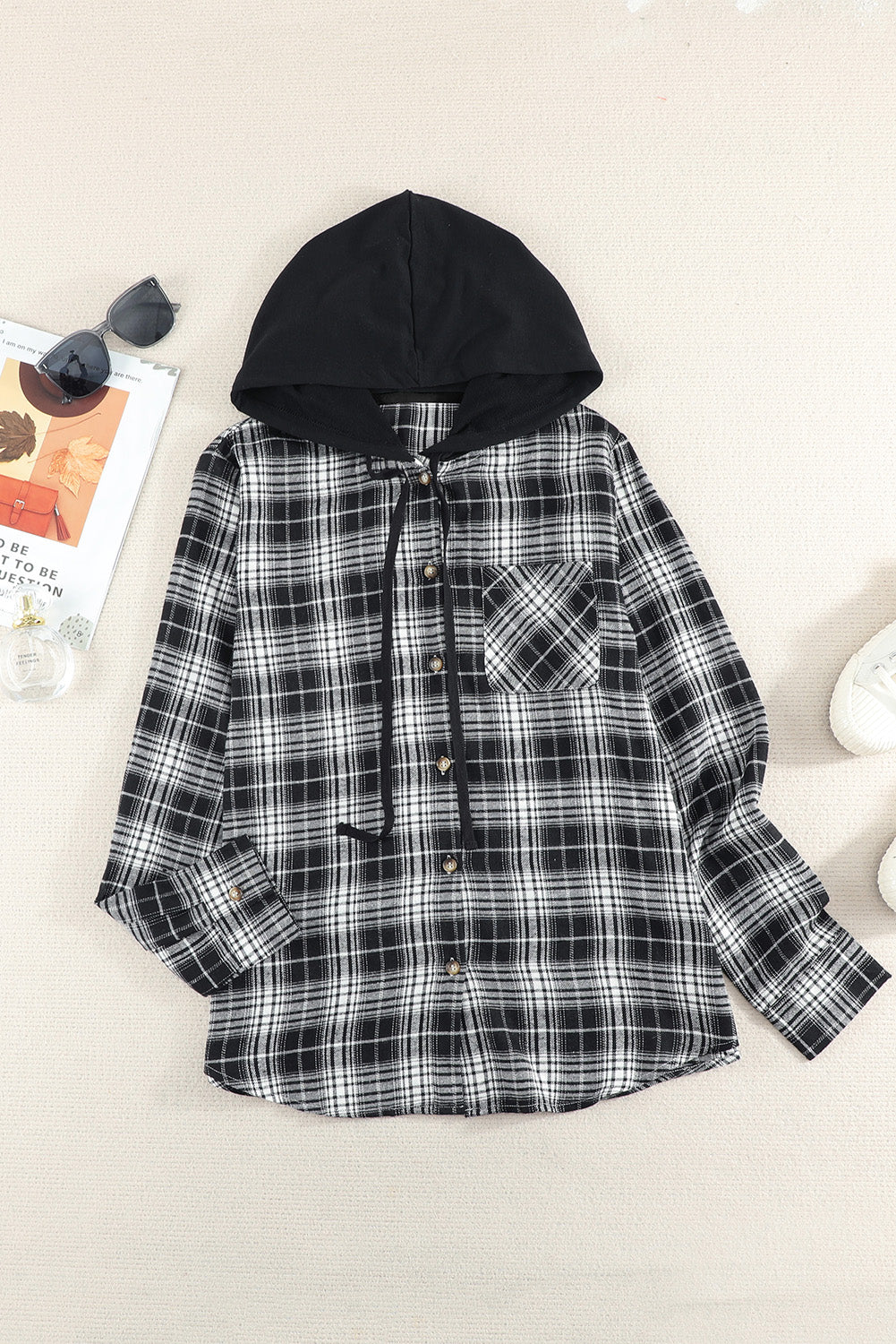 Plaid Drawstring Hooded Shirt Jacket - Babbazon Jacket