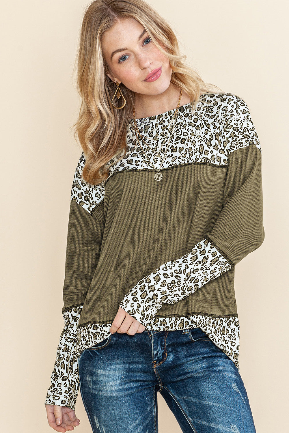 Light Pink Leopard Print Waffle Knit Patchwork Top - Babbazon Long Sleeve Tops