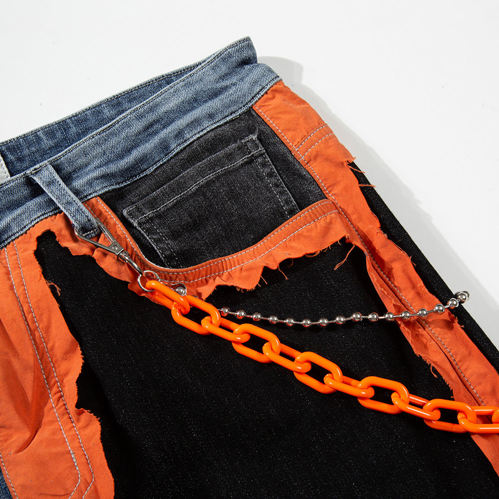 Men's Chain Decoration Patchwork Color Block Jeans