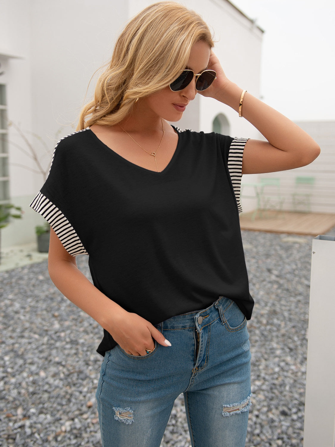 Striped V-Neck Short Sleeve T-Shirt 