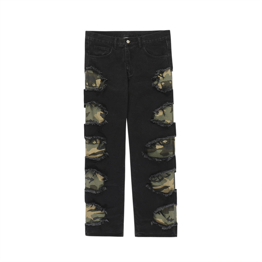 Camo Ripped Tape Jeans Men's Patchwork Tassel Straight Pants