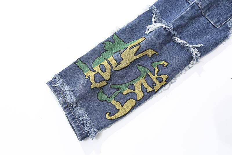 Men's Fashion Vintage Ragged Burlap Letter Embroidered Jeans